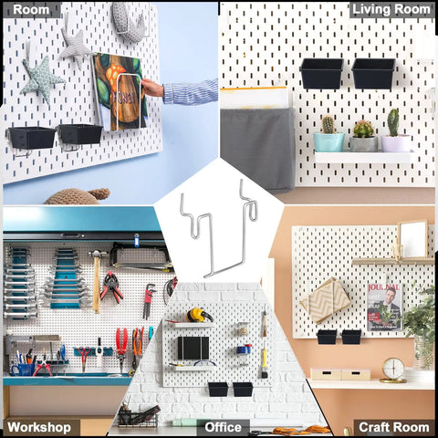Image of various usages of 24 Pcs Heavy Duty Pegboard Bin Hooks, Metal U Hooks For One Eighth Inch And One Quarter Inch Pegboard Or Slatwall
