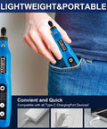 Esakoya cordless rotary tool in blue; compact pocket-size design, two units shown (one in pocket, one in hand)