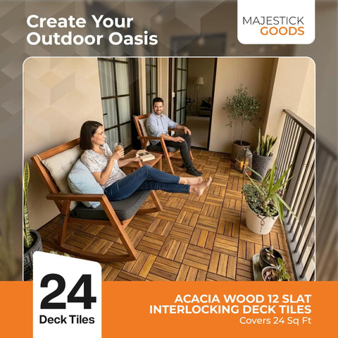 Couple relaxing on patio with Interlocking Acacia Deck Tiles For Patios And Walkways, Easy Tool-Free Installation, Durable Hardwood 12x12 inch