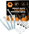 Heavy Duty Concrete Anchor Kit For Parking Lots And Driveways With 6 Inch Lag Bolts Lag Shields And Washers Galvanized Steel Four Sets Per Pack Ideal For Parking Curb Stops And Speed Bumps Tough As Nails displayed with box.