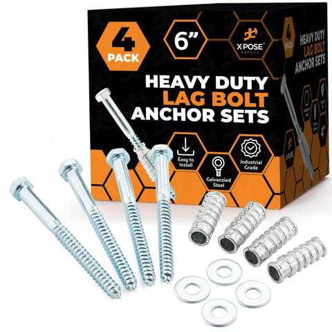 Heavy Duty Concrete Anchor Kit For Parking Lots And Driveways With 6 Inch Lag Bolts Lag Shields And Washers Galvanized Steel Four Sets Per Pack Ideal For Parking Curb Stops And Speed Bumps Tough As Nails displayed with box.