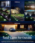 Eight LED Solar Ground Lights Outdoor Waterproof Kit illuminating garden, pathway, pool area, and driveway at night.