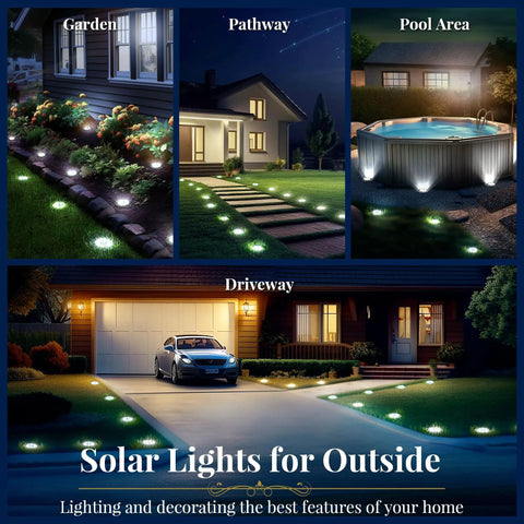 Eight LED Solar Ground Lights Outdoor Waterproof Kit illuminating garden, pathway, pool area, and driveway at night.
