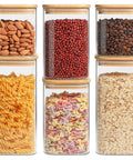 Six Pack Airtight Glass Storage Canisters With Square Lids Set For Flour Cereal Sugar Tea Coffee Beans Snacks Pantry Organization Kitchen Jars 0.7 Qt 1.2 Qt 1.6 Qt containing pasta, nuts, beans, and oats