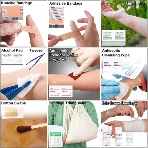 Green 216-piece survival first aid kit contents collage.