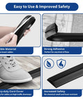 Low Profile Floor Cord Cover 4ft For Extension Cords And Cables Keeps 1 To 2 Wires Hidden And Trip Hazards Away With Durable PVC Floor Protector Black Slim Cable Channel For Home Office Living Room Garage And Workshop showing flexible material, strong adhesive, shoe on cord cover, and safety info