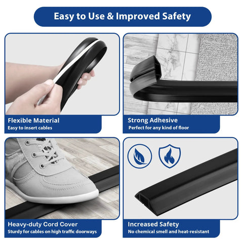 Low Profile Floor Cord Cover 4ft For Extension Cords And Cables Keeps 1 To 2 Wires Hidden And Trip Hazards Away With Durable PVC Floor Protector Black Slim Cable Channel For Home Office Living Room Garage And Workshop showing flexible material, strong adhesive, shoe on cord cover, and safety info