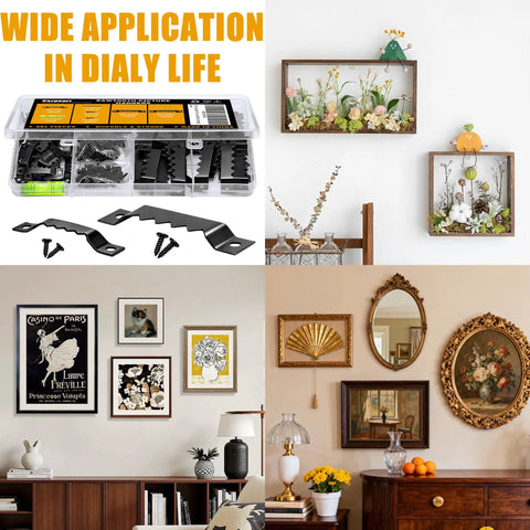Heavy Duty Picture Hangers Kit 281 Pcs With Sawtooth Wall Hooks, Nuts, Screws And Level, Rustproof Steel Build showcased in home decor.
