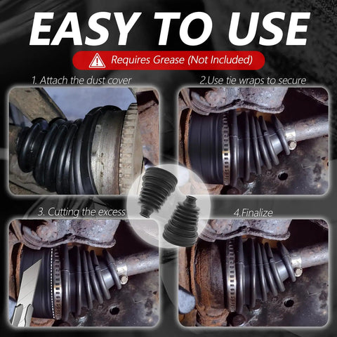 Easy to use installation steps for Heavy Duty Silicone CV Axle Boot Repair Kit Fits 19 24 Mm Shafts with stainless steel clamps.