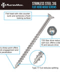 Heavy Duty Marine Grade 316 Stainless Steel Wood Screws Size 10 x 3-1/2 Inch With Torx Flat Head T25 Type 17 Point