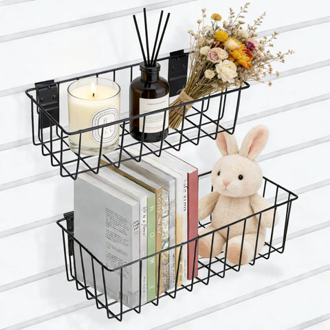 Heavy-Duty Slatwall Baskets and Hooks Kit for Standard Slatwall Panels, 32-Piece Set, hanging with books and decor items