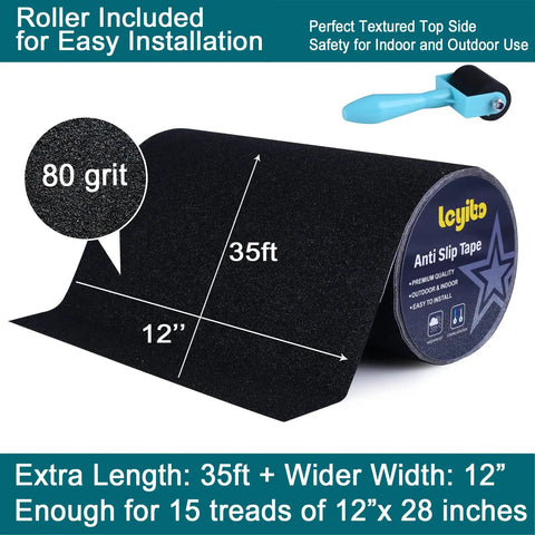 Long 12 Inch By 35 Foot Anti Slip Traction Tape With Roller For Easy Install, 80 grit texture shown with packaging and roller.