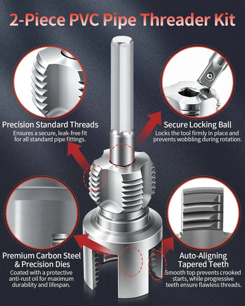 Alinmesh Hc Steel Pvc Pipe Threader Kit 1/2 Inch And 3/4 Inch With Drill Adapter For Npt Threads Cutting Reaming Tool for precision thread cutting.