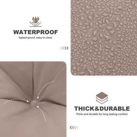 Close-up of waterproof Oxford fabric texture with water droplets and thick cushioning detail for Waterproof Outdoor Swing Cushions For 3 Seater With Backrest, Thickened Bench Cushions With Ties For Porch, Patio, Backyard, Garden And Lawn, Khaki 60 By 40 Inches, Durable Comfort And Easy Fit.