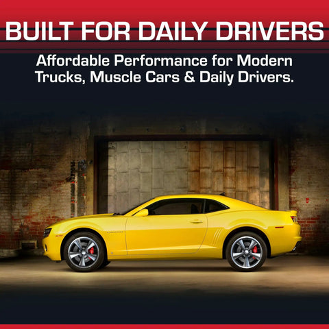 Flow FX Chambered Muffler For Modern Trucks And Muscle Cars 3 Inch Center In 3 Inch Center Out Stainless Steel Deep Yet Moderate Exhaust Tone With Straight Through Perforated Core Technology Ideal Daily Driver Upgrade on yellow muscle car