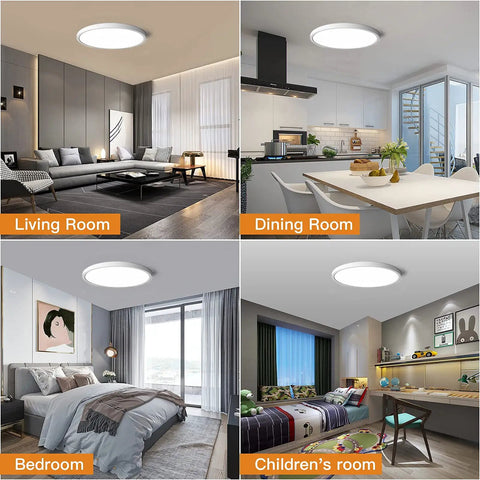 12 Inch Dimmable Flush Mount LED Ceiling Light Fixture Two Pack with Five Color Temperatures in various room settings