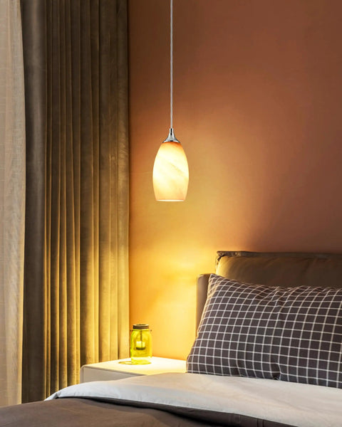 Bedroom view with Three Pack Indoor Mini Pendant Lights For Kitchen Island In Polished Nickel With Hand Blown Orange Glass Shades