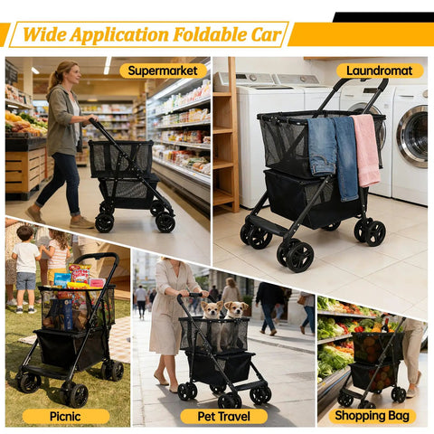 Image of Folding Shopping Cart And Heavy Duty Pet Carrier 110 Lbs 2 In 1 Personal Cart shown in supermarket and laundromat settings.
