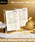 Display of state design patent certificates and a gold medal with product design schematics on a desk.