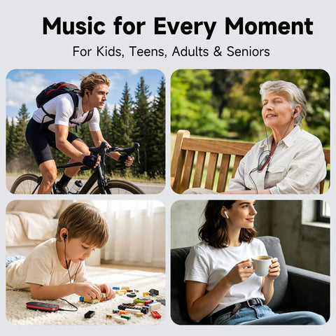 Collage of people enjoying music using 64GB USB MP3 Player With Bluetooth 5.3 Clip For Running And Sports Physical Buttons For Instant Control
