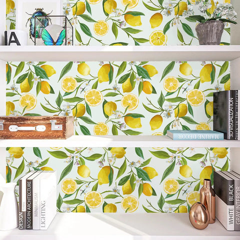 Lemon Peel And Stick Floral Wallpaper Dope Fresh Citrus Leaf Prints Removable Self Adhesive Vinyl lining shelves with decor items.