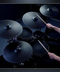 Musician playing electronic drum set with VH11 Style Hi Hat Controller Sensor for Electronic Drums, Smooth Variable Open and Closed Foot Control.
