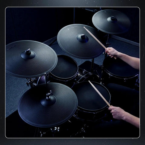 Musician playing electronic drum set with VH11 Style Hi Hat Controller Sensor for Electronic Drums, Smooth Variable Open and Closed Foot Control.