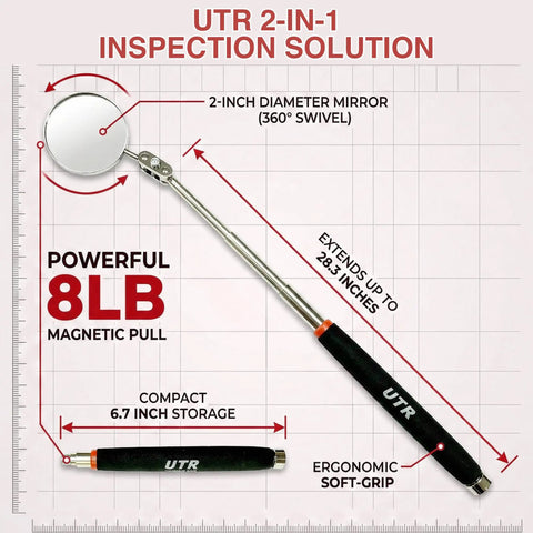 2-In-1 Inspection Mirror With Telescopic Reach From 6.7 To 28.3 Inches And 8-Lb Magnetic Pickup, Dual-Sided 2-Inch Mirror With 360 Rotation, Must-Have Lightweight Grab-And-Go Tool For Hard-To-Reach Spots And Easy Small Item Retrieval