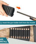 Elastic Rifle Shell Buttstock Holder for 9 Rounds attached to rifle, durable polyester, easy installation guide shown.