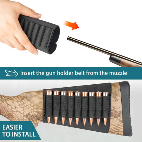 Elastic Rifle Shell Buttstock Holder for 9 Rounds attached to rifle, durable polyester, easy installation guide shown.