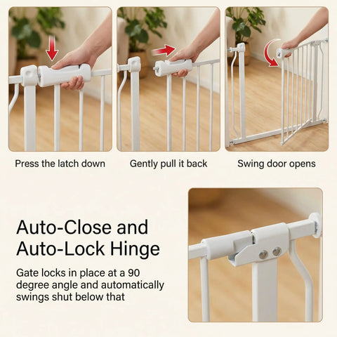 Extra Wide Indoor Baby Gate For Doorways And Stairs White Metal Pressure Mounted Safety Gate With Auto Close And Hold Open Feature