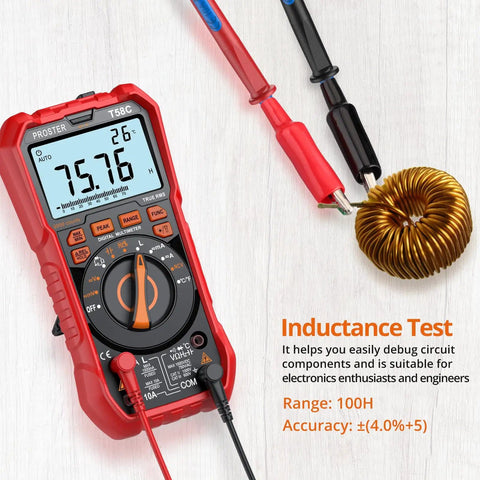 Red Go To Digital Multimeter With True RMS, 9999 Counts, Auto Ranging, AC DC Voltage And Current Meter, NCV, testing inductance