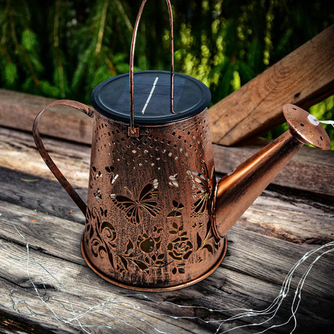 Solar Watering Can Butterfly Lantern With Hook Metal Outdoor Garden Light Waterproof IP65 Hanging Decor For Yard Patio Lawn Totally Perfect Gift For Women Moms Grandmas Christmas Birthdays on wooden background