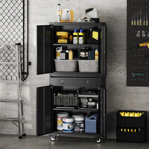 Beefy Heavy Duty Metal Garage Storage Cabinet On Wheels With Locking Doors, Two Drawers, Three Adjustable Shelves loaded with tools