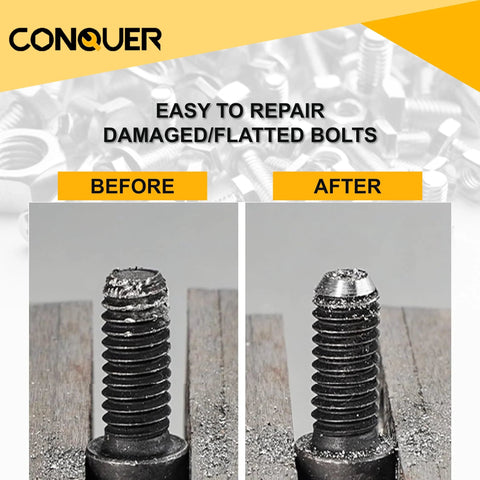 CONQUER deburring external chamfer tool with tungsten blade; fits 1/8–3/4 in stainless burrs; quick-release shank