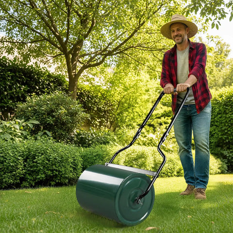 Man using Heavy Duty 16 Inch Steel Lawn Roller With U Shaped Handle Water Or Sand Filled Garden Roller For Push Or Tow Behind