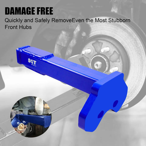 Universal Wheel Hub Removal Tool Kit for 5, 6, and 8 lug hubs shown in use with axle extraction component, blue tool with nuts