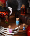 Awesome 25 Pack Mini Plastic Bottles With Cork Stoppers And Eye Screws, colorful contents on a wooden table, Halloween decor