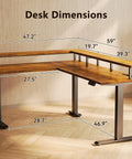Dope Electric L Shaped Standing Desk With 59 Inch Wide Top, Height Adjustable From 28.3 To 47.2 Inches, 3 Outlets And USB Type C, Full Monitor Stand, Reversible Corner Desk In Rustic Brown For Home Office And Computer Workstation with dimensions shown.