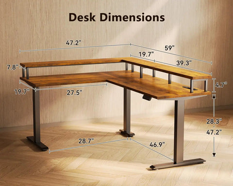 Dope Electric L Shaped Standing Desk With 59 Inch Wide Top, Height Adjustable From 28.3 To 47.2 Inches, 3 Outlets And USB Type C, Full Monitor Stand, Reversible Corner Desk In Rustic Brown For Home Office And Computer Workstation with dimensions shown.