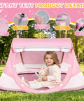 Pop Up Baby Beach Tent Sun Shade With Carry Bag No Fuss UPF 50 UV Protection, pink tent with toddler inside