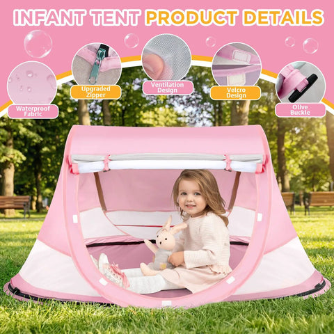 Pop Up Baby Beach Tent Sun Shade With Carry Bag No Fuss UPF 50 UV Protection, pink tent with toddler inside