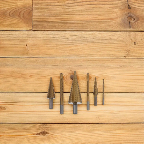 Premium Hss Step Drill Bit Kit 6 Piece Set With Spiral Grooves For Smooth Edges Countersink Design Plus Storage Box Perfect For Diy Pros And Home Projects On Metal Sheet And Wood, 6 drill bits on wood