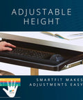 Slick Under Desk Keyboard Tray With Smooth Roll Slide Out Drawer Plus No Sweat Height Adjustments For Serious Typing Comfort and Built In Cable Clutter Control And Roomy Surface For Mice And Large Keyboards showing adjustable height feature with keyboard and mouse.