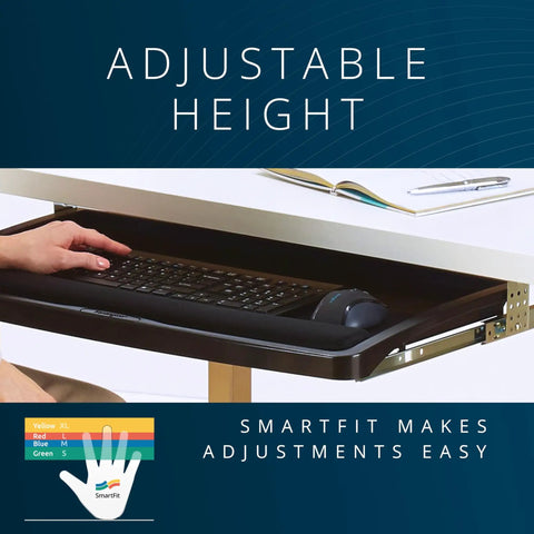 Slick Under Desk Keyboard Tray With Smooth Roll Slide Out Drawer Plus No Sweat Height Adjustments For Serious Typing Comfort and Built In Cable Clutter Control And Roomy Surface For Mice And Large Keyboards showing adjustable height feature with keyboard and mouse.