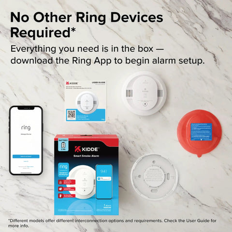 Wireless Smart Smoke Detector With Live App Alerts And Aa Battery Backup Plug And Play Wire Free Install For No Sweat Home Watching Snappy Fire Detection That Just Works on a marble background with user guide and phone.