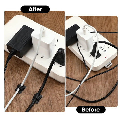 Before and after cable organization with 100 Pieces Adhesive Cable Clips For Wall Under Desk Car Office And Home.