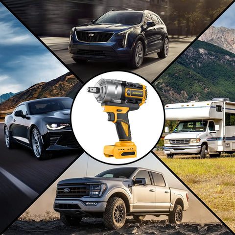 Beast Heavy Duty Impact Wrench With 1328 Ft Lbs Breakaway Torque For Trucks And Heavy Equipment displayed with various vehicles.