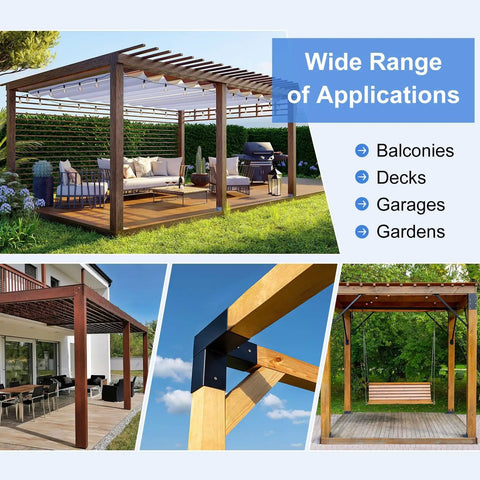 Collage showing Three Way Gazebo Brackets Kit for 2x2 lumber in various outdoor structures like decks and gardens.