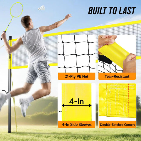 Backyard 2 In 1 Volleyball And Badminton Net Set With Adjustable Height From 5.1 To 8 Feet And Width From 20 To 32 Feet shown in use with features.